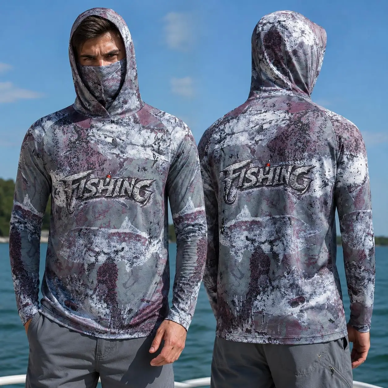 Fishing Mask Sun Protection - 釣り用シャツ、フード付き、メンズ、長袖、アウトドア、夏用、マスク付き、日焼け防止、機能性ジャージ