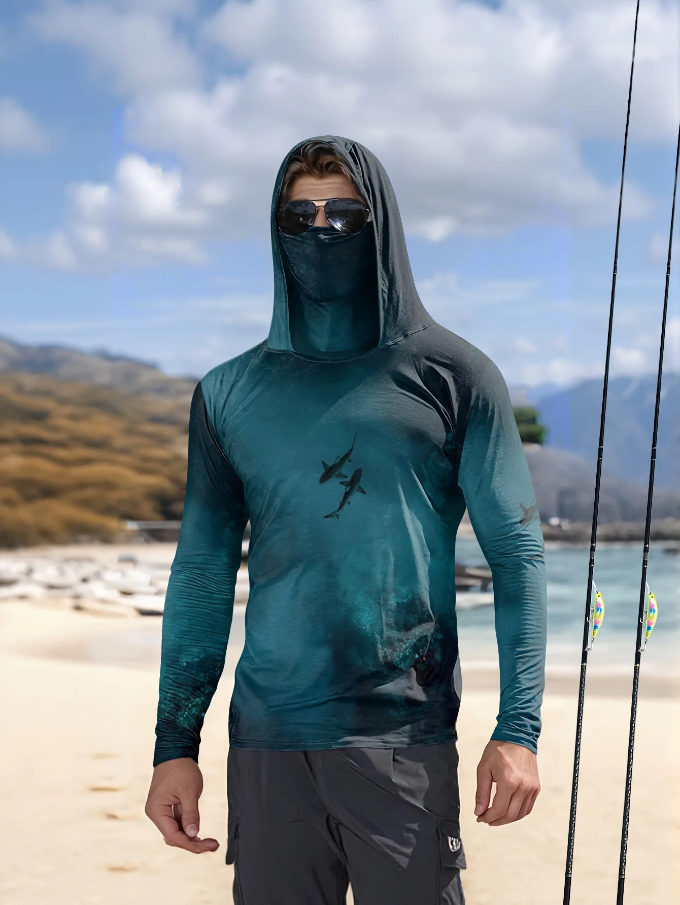 Fishing Mask Sun Protection - UPF50+ メンズ フィッシング フーディー マスク内蔵 アイスシルク