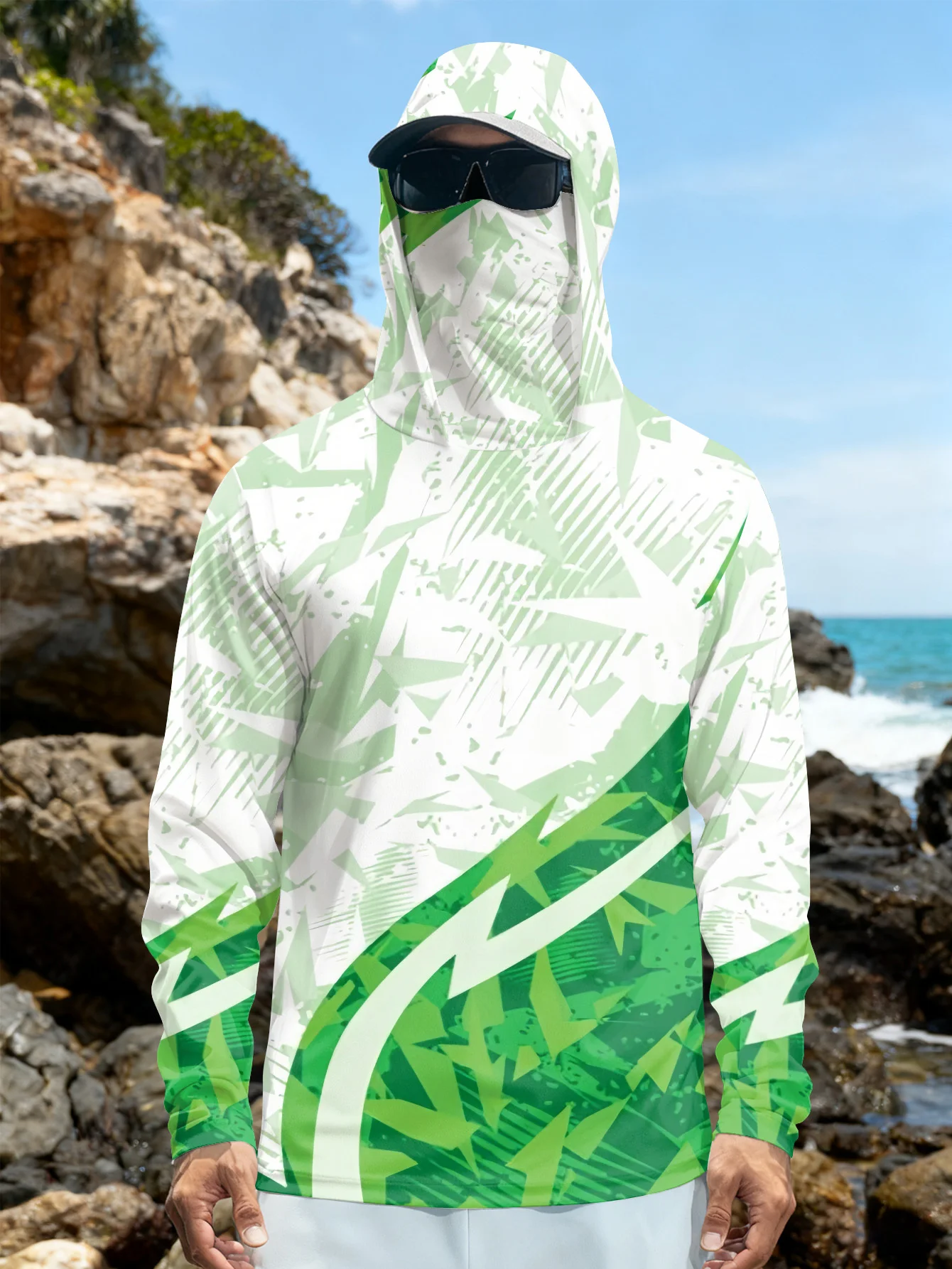 メンズ用フィッシングシャツ、フード付き、UPF（紫外線防御指 - Fishing Mask Sun Protection のレビューと価格