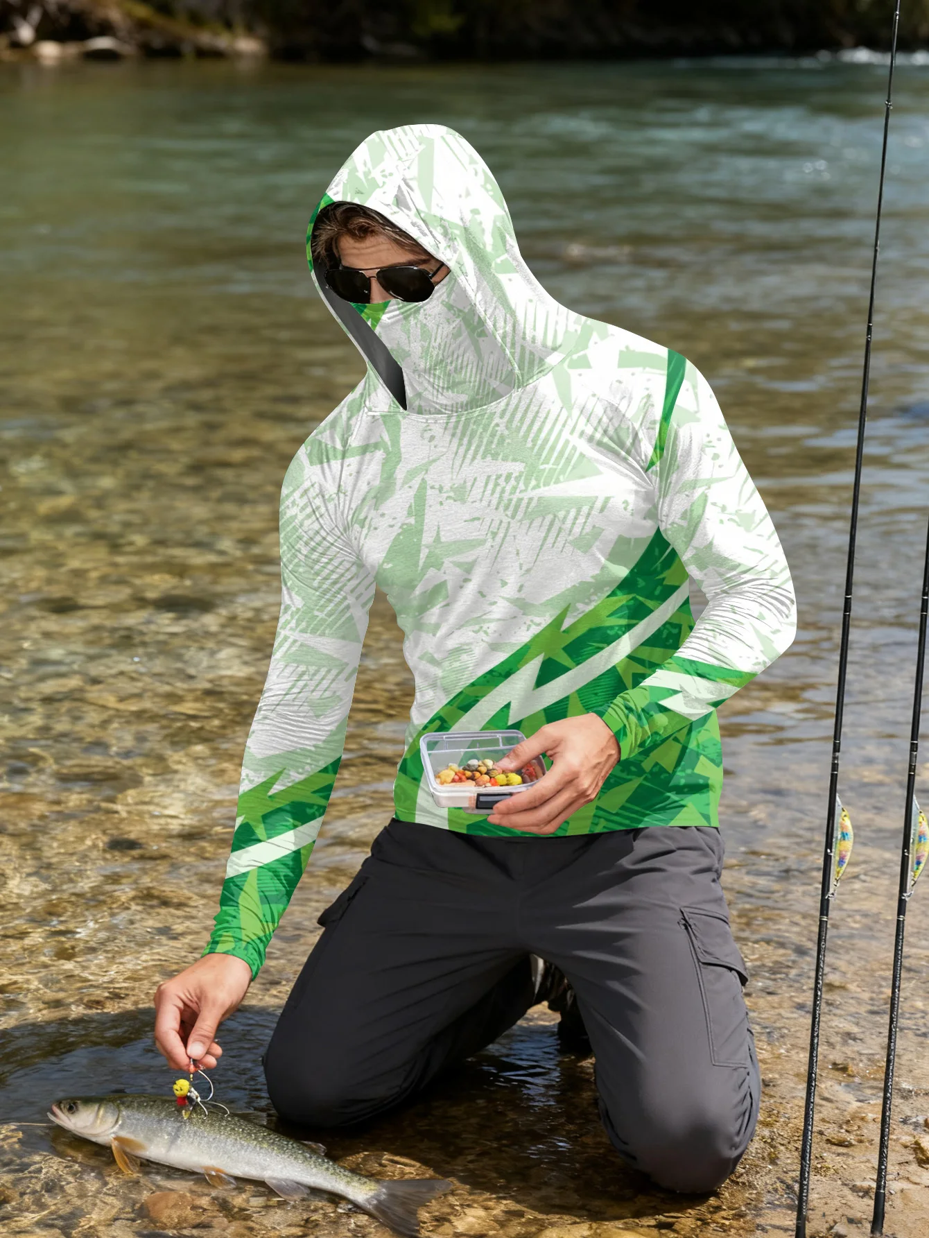メンズ用フィッシングシャツ、フード付き、UPF（紫外線防御指 - Fishing Mask Sun Protection のレビューと価格