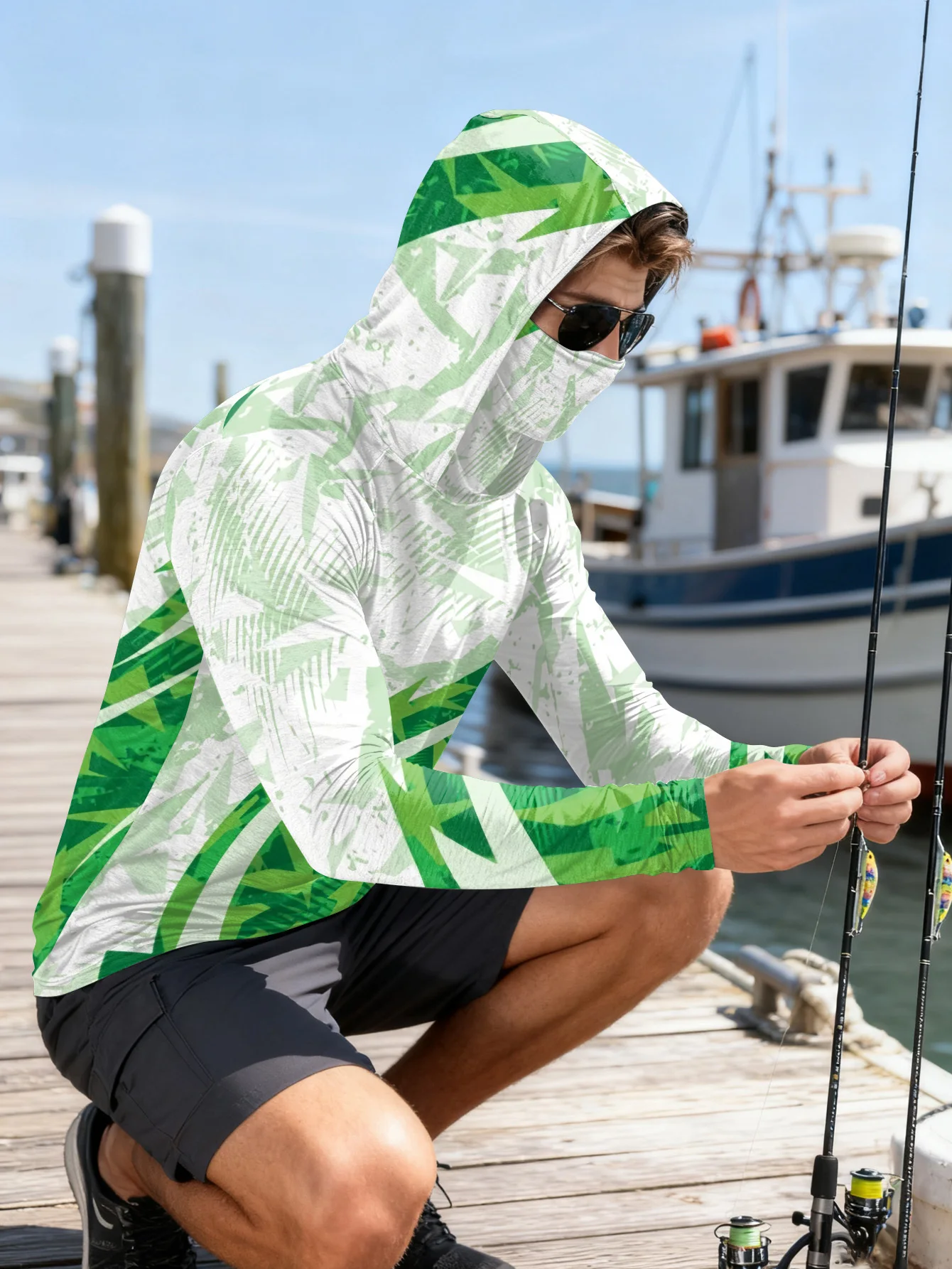 メンズ用フィッシングシャツ、フード付き、UPF（紫外線防御指 - Fishing Mask Sun Protection のレビューと価格