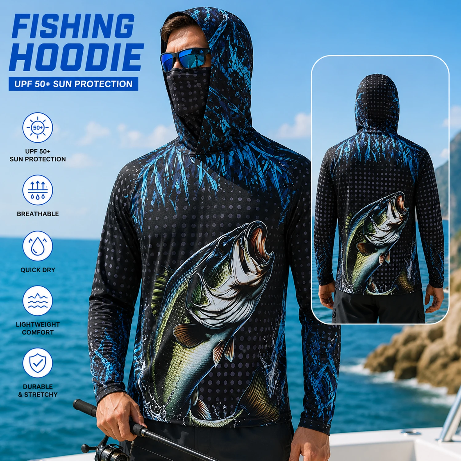 メンズ UPF50+ 釣り用フード付きシャツ。顔を覆うマスク - Fishing Mask Sun Protection のレビューと価格